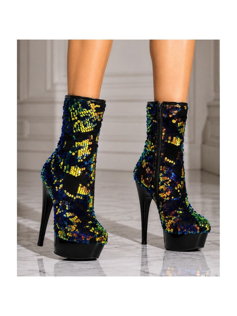 NIB Delight 1004 Blue Hologram Sequin Slouchy Ankle Boots 6" High Heels